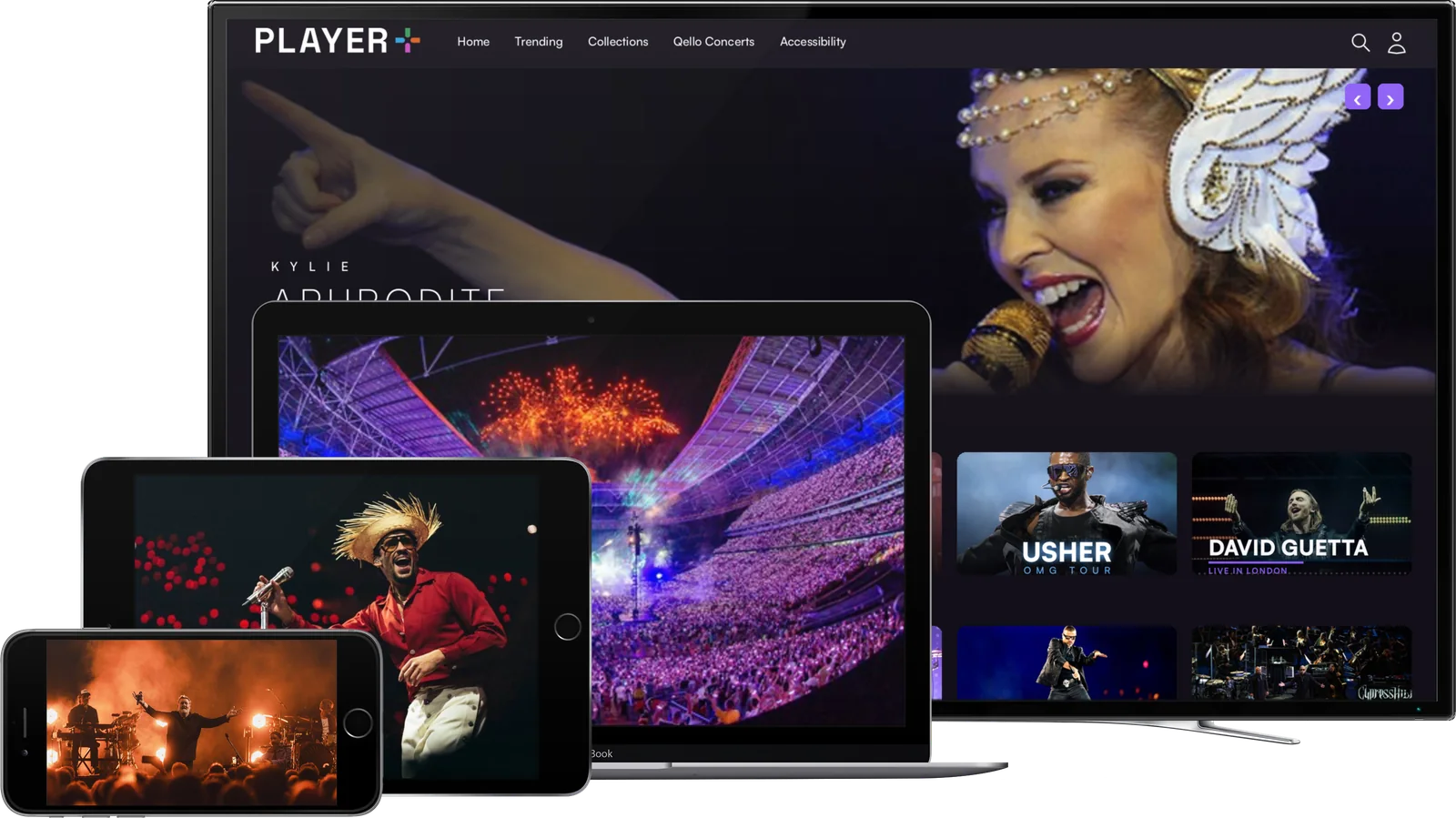 The Player+ app on a TV, laptop, tablet and phone